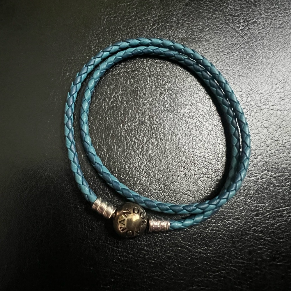 Pandora Teal Braided Leather Bracelet with Silver Clasp